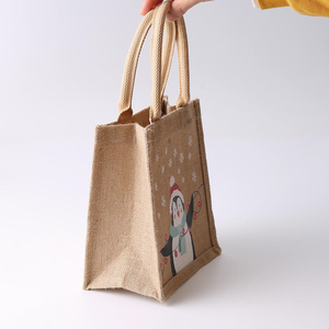 Logo personnalisé de haute qualité petit sac fourre-tout de luxe épicerie avec toile de jute lin rayé et poignée en cuir PU - Product Image 1