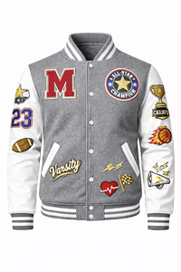 Blouson Bomber Brodé pour Homme avec Patchs Personnalisés sur les Manches, Broderie Logo Chenille, Boutons Recouverts, Col Montant - Product Image 2