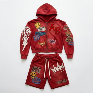 Conjunto de Sudadera con Capucha y Pantalones Cortos para Hombre, Rojo Vintage, Lavado, Transpirable, de Invierno, con Parches y Cremallera, Algodón Grueso, Estilo Urbano, OEM, Marca Privada - Product Image 1