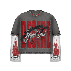 Camiseta de Doble Capa de Algodón y Poliéster de Alta Calidad, Manga en Contraste, Diseño de Llama, Logotipo Personalizado, Camiseta Elegante de Doble Capa - Product Image 2