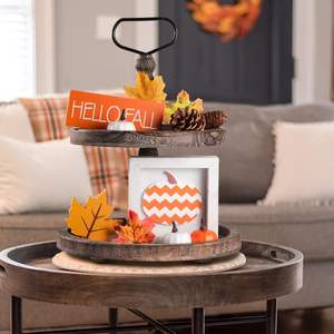 Plateau rustique en bois à 2 niveaux, décor de table de cuisine de ferme ronde plateau de service, nourriture Fruits Cupcake affichage café Bar maison - Product Image 3