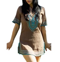 Tunik Mini Sederhana Elegan Bordir Bunga Benang Katun Kontras Lengan Panjang dengan Belahan Samping