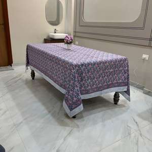 Grey Blue, Cornus florida Pink Floral Indian Hand Block Printed cloth Tablecloth, Handcrafted Cloth <b>Table</b> <b>Cover</b>, Christmas - Product Image 3