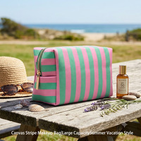 Trousse de maquillage à rayures en toile rose et verte, pochette cosmétique, organisateur de beauté de voyage, étui de rangement de grande capacité pour femmes