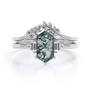 แหวนเงินแท้ 925 รูปทรงหกเหลี่ยมประดับมอสอาเกตและเพทายทรงหกเหลี่ยม ฝังแบบหนามเตย ชุบโรเดียม พร้อมลายใบไม้สลัก - Product Image 1