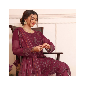 Vente en gros de costumes de pelouse pakistanais de style indien pour femmes kameez shalwar simples en noir avec broderie sur le devant et pantalon uni - Product Image 5