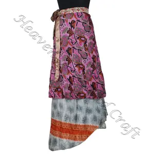 Jupe sari en soie recyclée magique de 38 pouces Robe de style réversible Boho Vente en gros de longue robe rapron en soie de créateur pour femmes