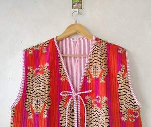 Chaqueta acolchada con estampado de tigre indio Vintage hecha a mano, nuevo estilo bohemio, Chaleco de corte corto, mangas a rayas, tejido informal de invierno - Product Image 2