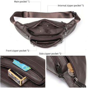 Riñonera de Cuero Genuino con 6 Bolsillos con Cremallera, Bolso Pequeño para la Cintura, para Viajes, Senderismo, Bandolera, para Hombre y Mujer - Product Image 5