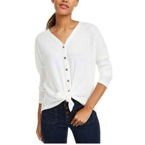 Ultra Flirt Juniors' Casual Winter <b>Thermal</b> <b>Top</b> White Extra Small Size with Tie-Hem and Short Length - Product Image 1