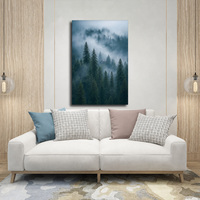 Peinture sur toile encadrée, forêt de sapins brumeuse, cabane au crépuscule, cadre en bois, décoration de chambre à coucher, salon, personnalisable