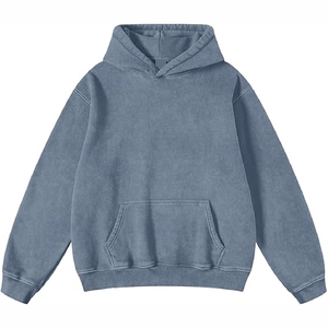 Sweat-shirt à capuche bleu ardoise tendance, style streetwear minimaliste, avec cordons de serrage ajustables, design personnalisé - Product Image 1