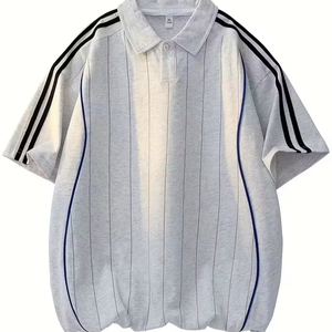 Polo de manga corta informal para hombre, gris claro, negro y azul, mangas a rayas, cuello abotonado, tela no elástica, verano perfecto - Product Image 1