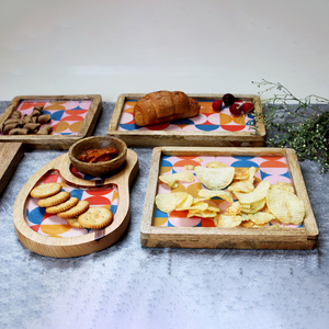 Handcrafted Modern Wooden Snack Serving Tray Set Geometric Print Base with <b>Sauce</b> Bowl Platter for Wedding Diwali Table - Product Image 2