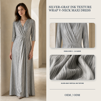 Robe longue gris argenté texturée à encolure en V et manches trois-quarts pour femme, robes de soirée personnalisées avec service d'échantillons
