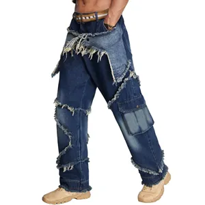 Street Wear Vintage Ster Patches Unisex Denim Broek Distressed Baggy Denim Jeans Heren