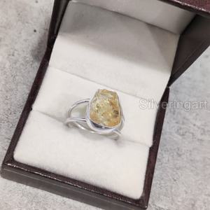 Bague pour femme en pierre brute, citrine naturelle, pierre de naissance de novembre, double bande, en argent sterling 925 - Product Image 4