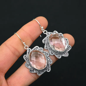 ต่างหู kunzite สีชมพู925เงินสเตอร์ลิงทำด้วยมือพลอยรูปไข่แบบห้อยอัญมณีสำหรับเป็นของขวัญสำหรับผู้หญิง - Product Image 4