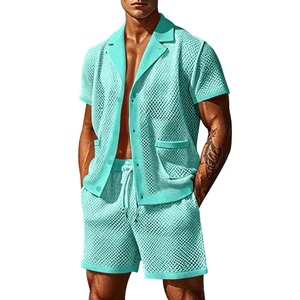 Conjuntos informales de lino y algodón transpirable para hombre, conjuntos de camisas y pantalones cortos con botones y cuello levantado Vintage para hombre, ropa de verano - Product Image 2
