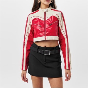 Vintage Women's Zip-Up Cropped Moto PU Faux Leather Jacket with Red Racing Badge <b>Block</b> Solid Style Motorbike Leather Moto Jacket - Product Image 3