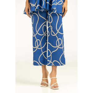 Ensemble coordonné pour femme, imprimé bleu ondulé, style décontracté, hauts à manches trois-quarts, pantalon ample en crêpe modal pour le printemps/été - Product Image 6