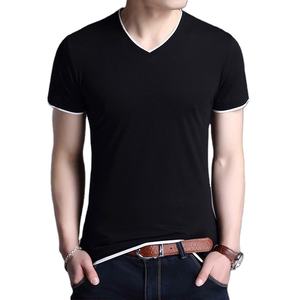 Camisetas de Verano para Hombre de Alta Calidad, 100% Algodón, Cuello en V, Manga Corta, con Ribete en Contraste, Color Sólido, Ecológicas - Product Image 5