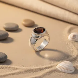 Anillo de Piedra Preciosa Ovalada de Plata de Ley 925 con Baño de Rodio de 14K y Piedra Negra, Anillo con Engaste de Bisel para Hombre - Product Image 1