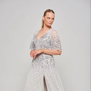 Robe de bal trapèze pour femme, col en V, broderie, corsage orné à la main, manches longues, robe de soirée longue jusqu'au sol, respirante - Product Image 1