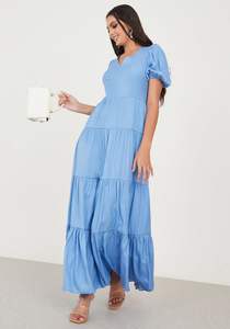 Casual Look Sky blue 100% Rayon Maxi <b>Dress</b> Ankle Length Boho Tiered Half Sleeve <b>Dress</b> <b>Loose</b> Comfortable Maxi <b>Dress</b> for Women - Product Image 3