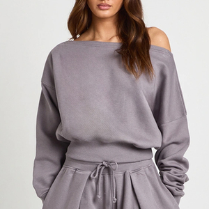 Survêtement femme à épaules tombantes, prix de gros, logo personnalisé, tissu doux, design économique avec taille élastique et cordon de serrage - Product Image 2