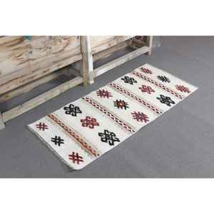 Alfombra de 1.8x4 pies, Alfombra Turca Vintage, Alfombra de Lana Kilim Blanca - Product Image 1
