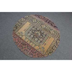 Alfombra Turca Redonda de 3.6x3.7 pies, Alfombra Vintage, Alfombra de Lana con Diseño Floral Marrón y Azul - Product Image 4