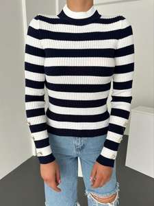 Pull à col roulé rose décontracté pour femmes automne hiver pull à col roulé à rayures épaisses avec manches longues pull bouton haut tricoté - Product Image 4