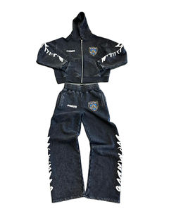 Custom Premium Cotton Acid Washed DTG Club <b>Fleece</b> <b>Zip</b> <b>up</b> <b>Hoodie</b> and Stacked Flare Trouser Pants Heavy Weight Sweat Suits - Product Image 1