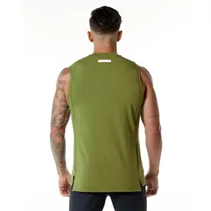 Camiseta sin mangas de corte cónico para hombres, Torso alargado de 100% algodón, verde musgo, cuello alto