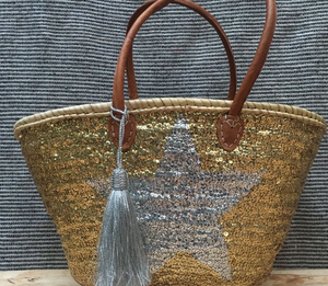 Straw Basket <b>Bag</b> <b>Sequins</b> Gold & Silver | Woven Moroccan Basket <b>Bag</b> Leather Handles - Product Image 1
