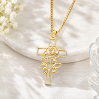 Collier tendance ARNAN avec pendentif croix rose, en acier inoxydable plaqué argent, bijou religieux chrétien, cadeau pour femme, motif floral