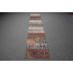 Alfombra Vintage de 2x10.5 pies, Alfombra Turca, Alfombra de Lana Azul Abstracta - Product Image 1