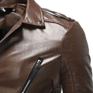 Veste en cuir PU marron pour homme, coupe ajustée, col rabattu, fermeture éclair, manches classiques, style automne - Product Image 4