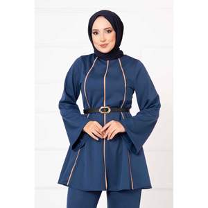 Mevlana Conjunto Informal De Dos Piezas Índigo Con Detalle De Ribetes Tejido De Punto De Algodón Para Verano Y Otoño - Product Image 3