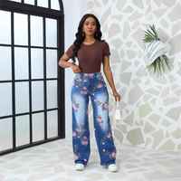 2025 été décontracté taille haute imprimé jean pour femmes ample droit Tube motif fleuri Denim pantalons longs plaine printemps