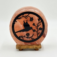 Lampe en sel rose de l'Himalaya sculptée à la main de 5 kg, lumière chaude, indice de protection IP20, 15 W, base en bois avec motif colibri