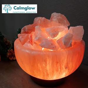Elegant Himalayan Pink Salt Bowl <b>Lamp</b> with Carved <b>Wooden</b> <b>Base</b> for Ambient Lighting and Home Wellness Decor - Product Image 2