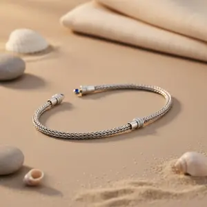 Bracelet de cheville tressé en argent 925 pour femme avec diamant, plaqué or 14K 18K et perles – Bijoux plaqués or pour usage quotidien - Product Image 1