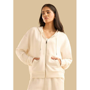 Sudadera con capucha para mujer, de punto, con cremallera, lisa, teñida, blanca, de poliéster, antipilling, de ajuste holgado, al por mayor, con logotipo personalizado - Product Image 3