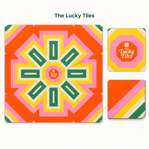 غطاء طاولة مربع الشكل من Lucky Tiles American Mahjong Mat بتصميم هندسي باللون البرتقالي والوردي والأصفر والأخضر لسهرات الألعاب، إكسسوار للطاولة - Product Image 4