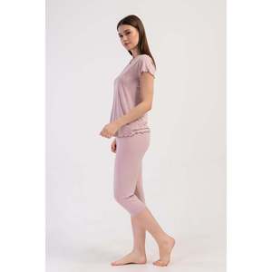 Conjunto de pantalón capri ovalado y blusa con lazo en el cuello de viscosa y lycra para mujer - Rosa - Rosa - Product Image 2
