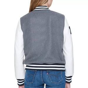 Women's New Street Style Varsity Jacket Solid Pattern Stand Collar Breathable Woolen <b>Fabric</b> with Cow Skin Leather Sleeves - Product Image 4