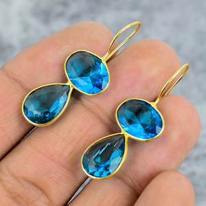 Handmade 925 Sterling <b>Silver</b> <b>Dangle</b> <b>Earrings</b> with Blue Topaz Gold Plated Oval Pear Gemstone for Party Women's Gift - Product Image 3
