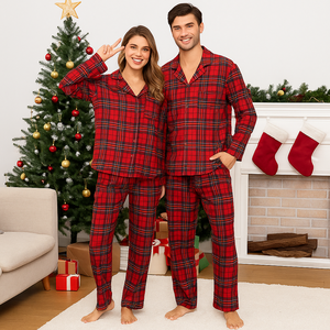 <span class=keywords><strong>Pigiama</strong></span> Estivo 2 Pezzi in Cotone Flanella Tinto in Filo a Quadri Spazzolato con Elastico in Vita per Coppie Donna <span class=keywords><strong>Uomo</strong></span> Natale - Product Image 1